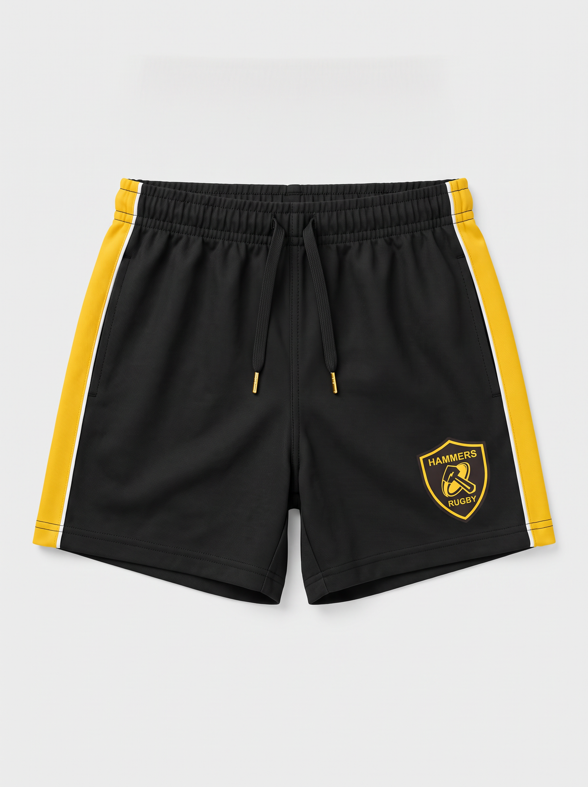 Hammers Rugby youth shorts in black with gold side stripe
